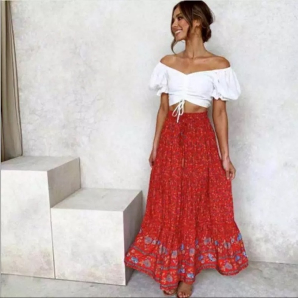 Bohemian Red Floral Print Gypsy Maxi Skirt - Picture 1 of 15